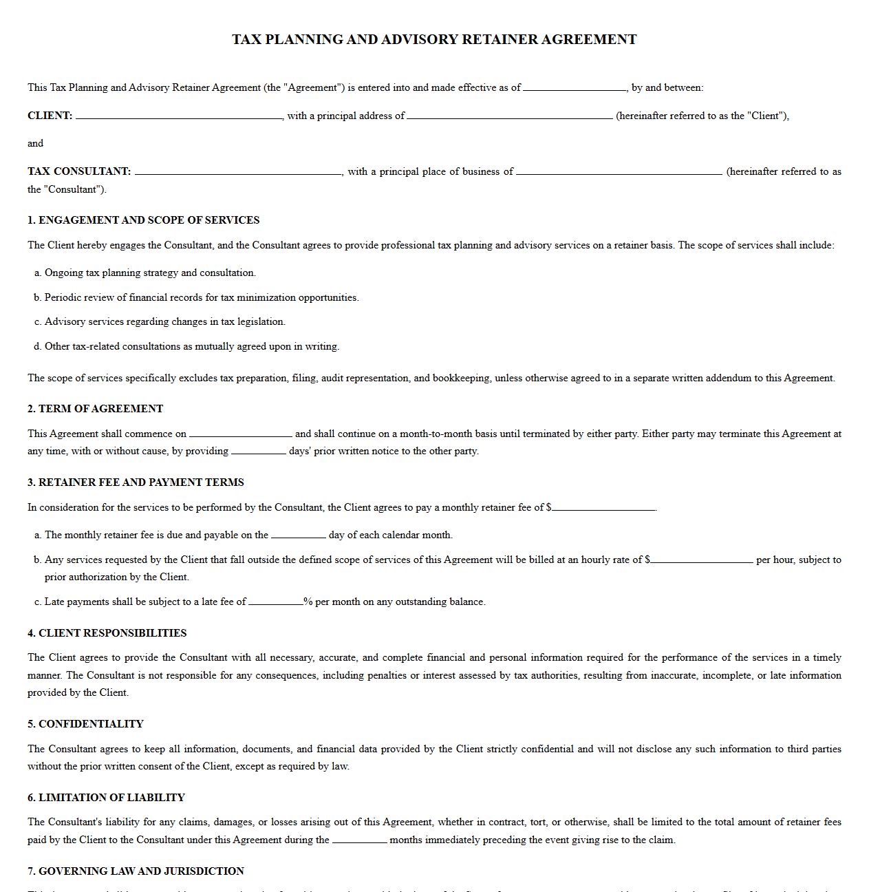 Tax Planning and Advisory Retainer Contract Template