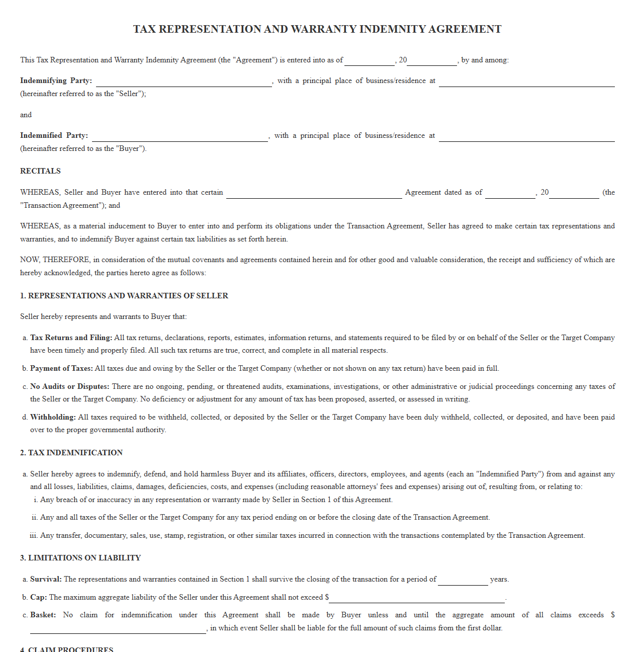 Tax Representation and Warranty Indemnity Agreement Template