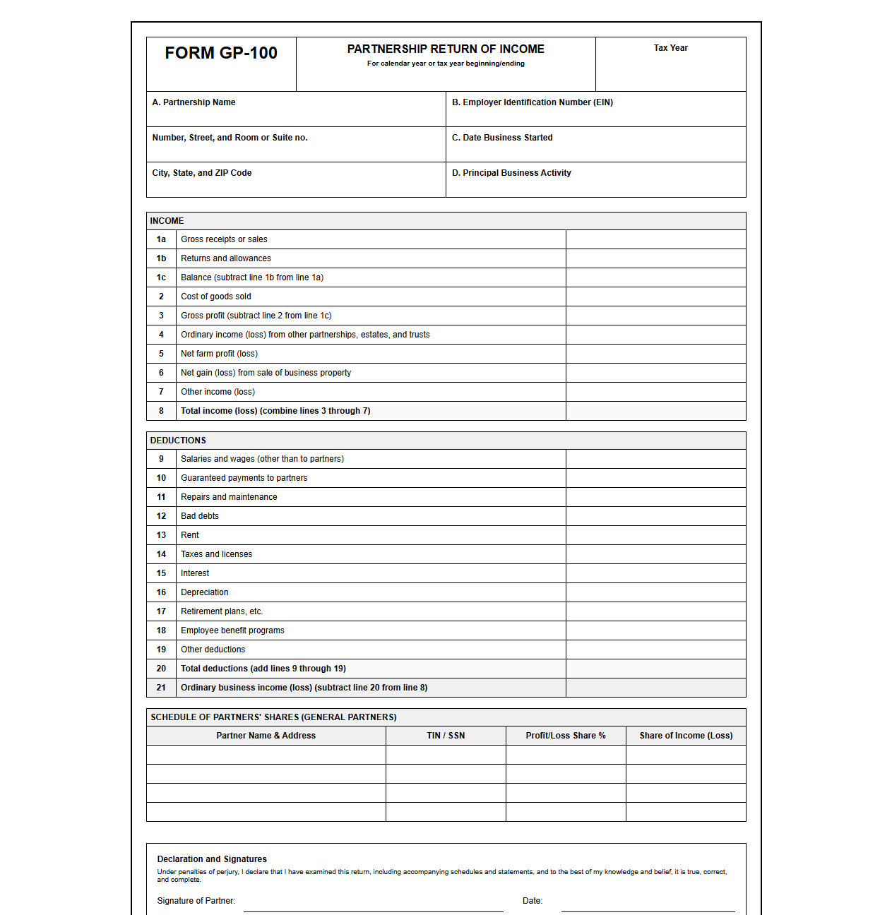 Tax Return Template for General Partnership Business