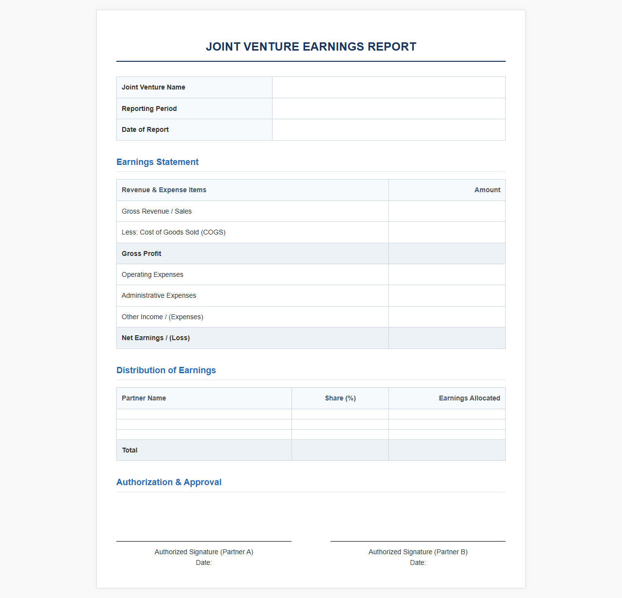 Template for Reporting Joint Venture Earnings