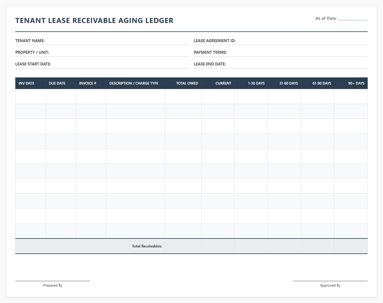 Tenant Lease Receivable Aging Ledger Template