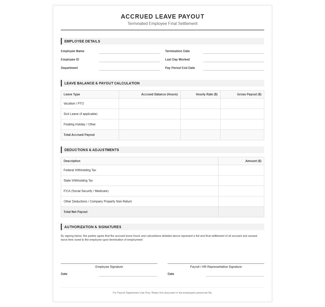 Terminated Employee Accrued Leave Payout Template