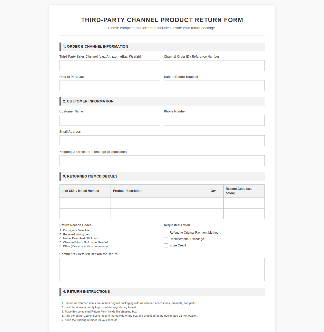 Third-Party Channel Product Return Form