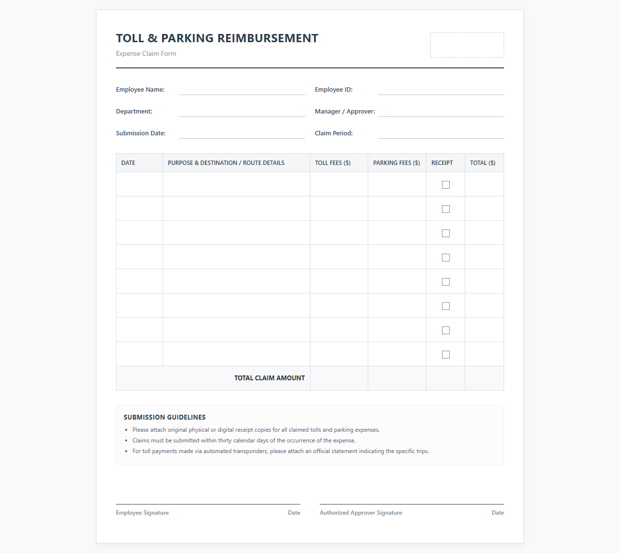 Toll and Parking Expense Reimbursement Form
