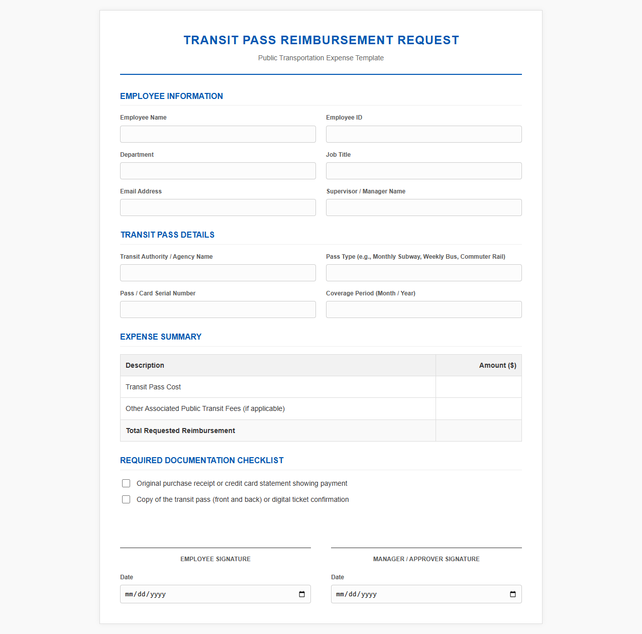 Transit Pass Reimbursement Request Template