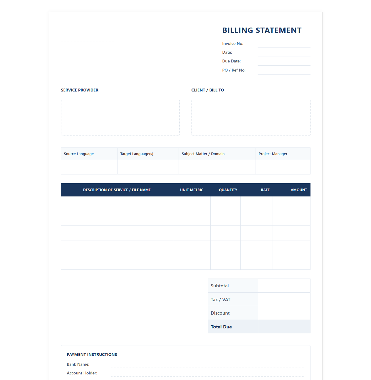 Translation Project Billing Statement Template