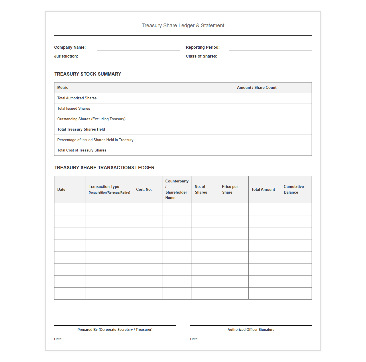 Treasury Share Ledger and Statement Form