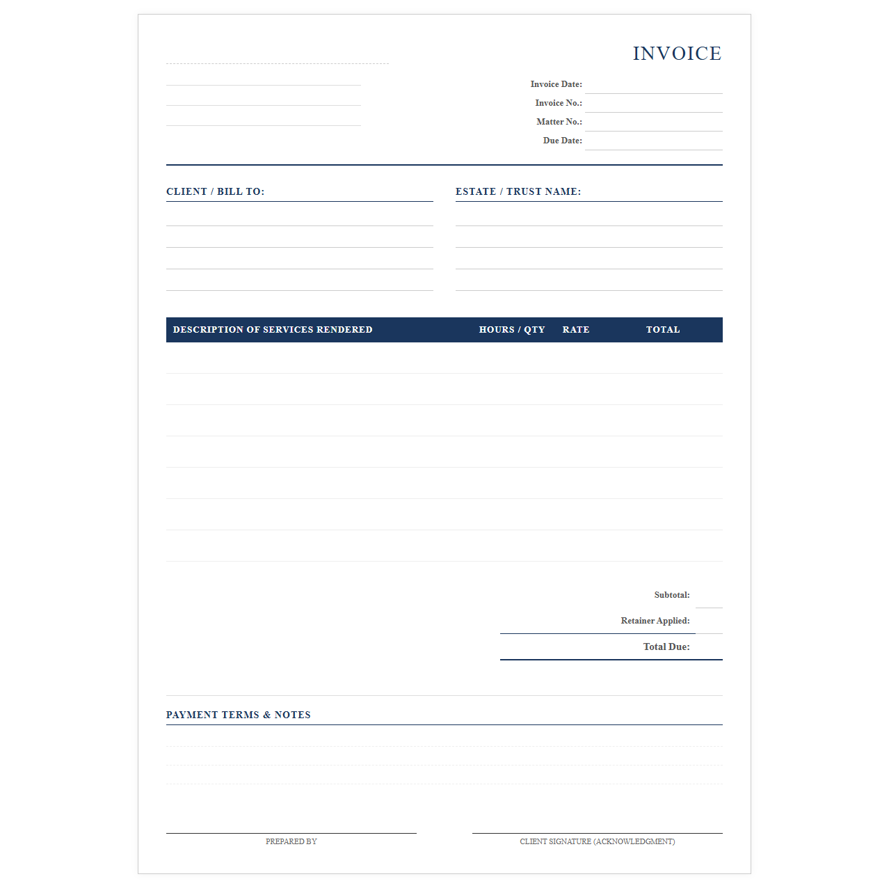 Trust and Estate Planning Invoice Template