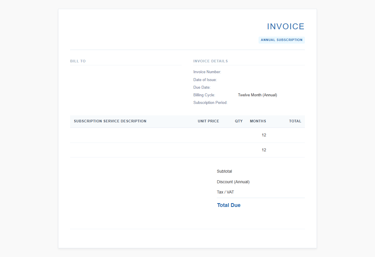 Twelve Month Subscription Service Invoice