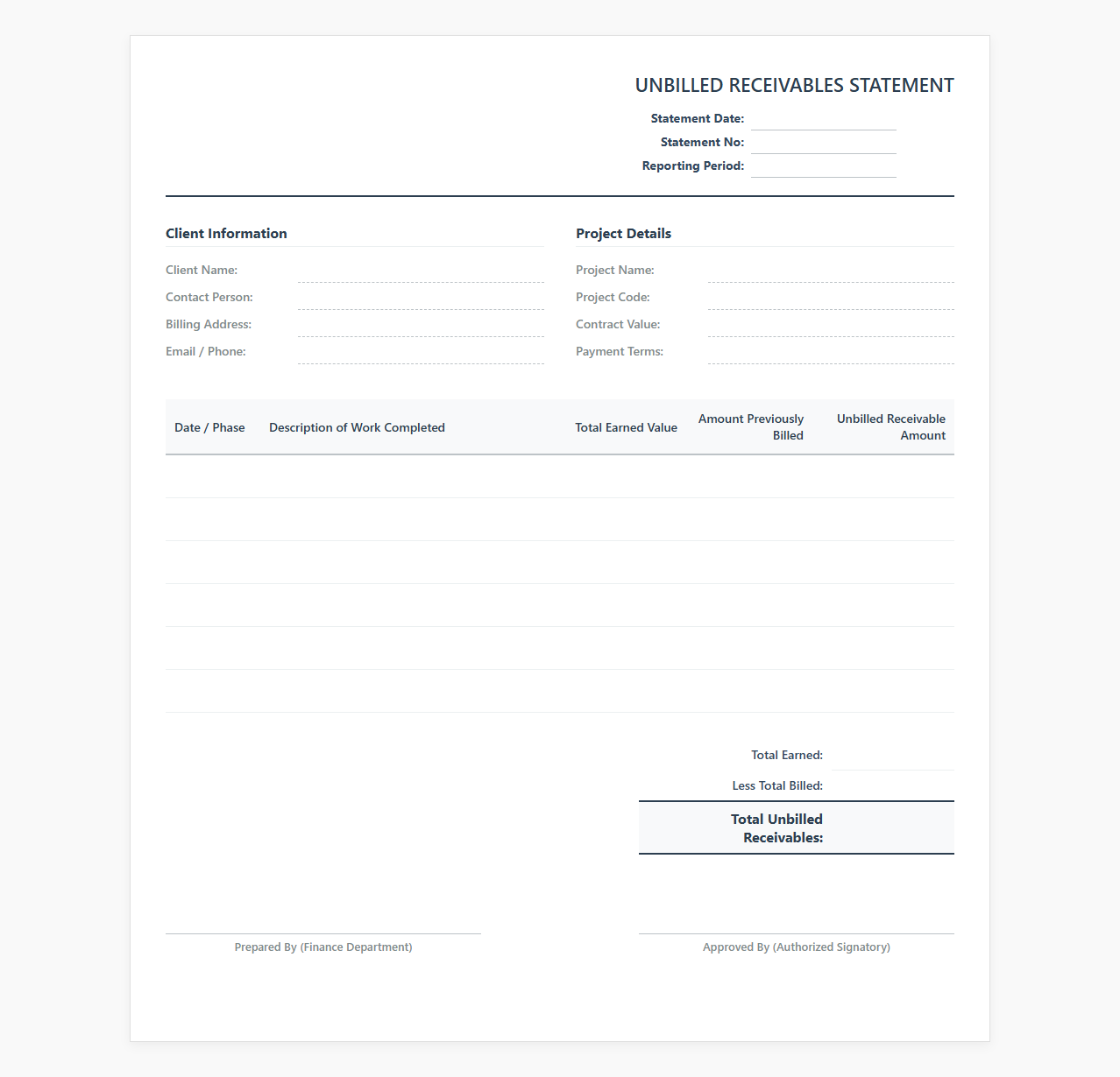Unbilled Revenue Statement Template