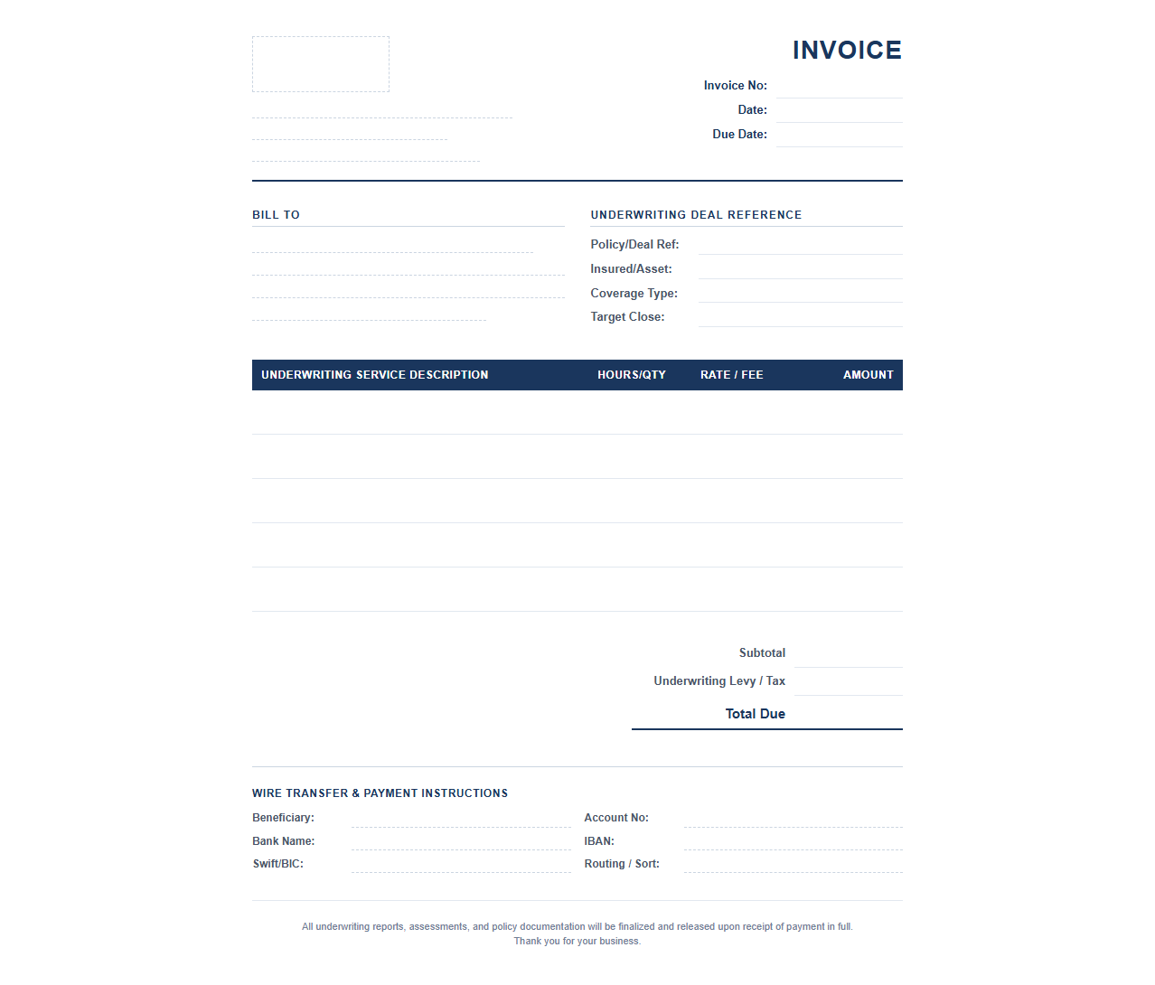 Underwriting Service Invoice Template