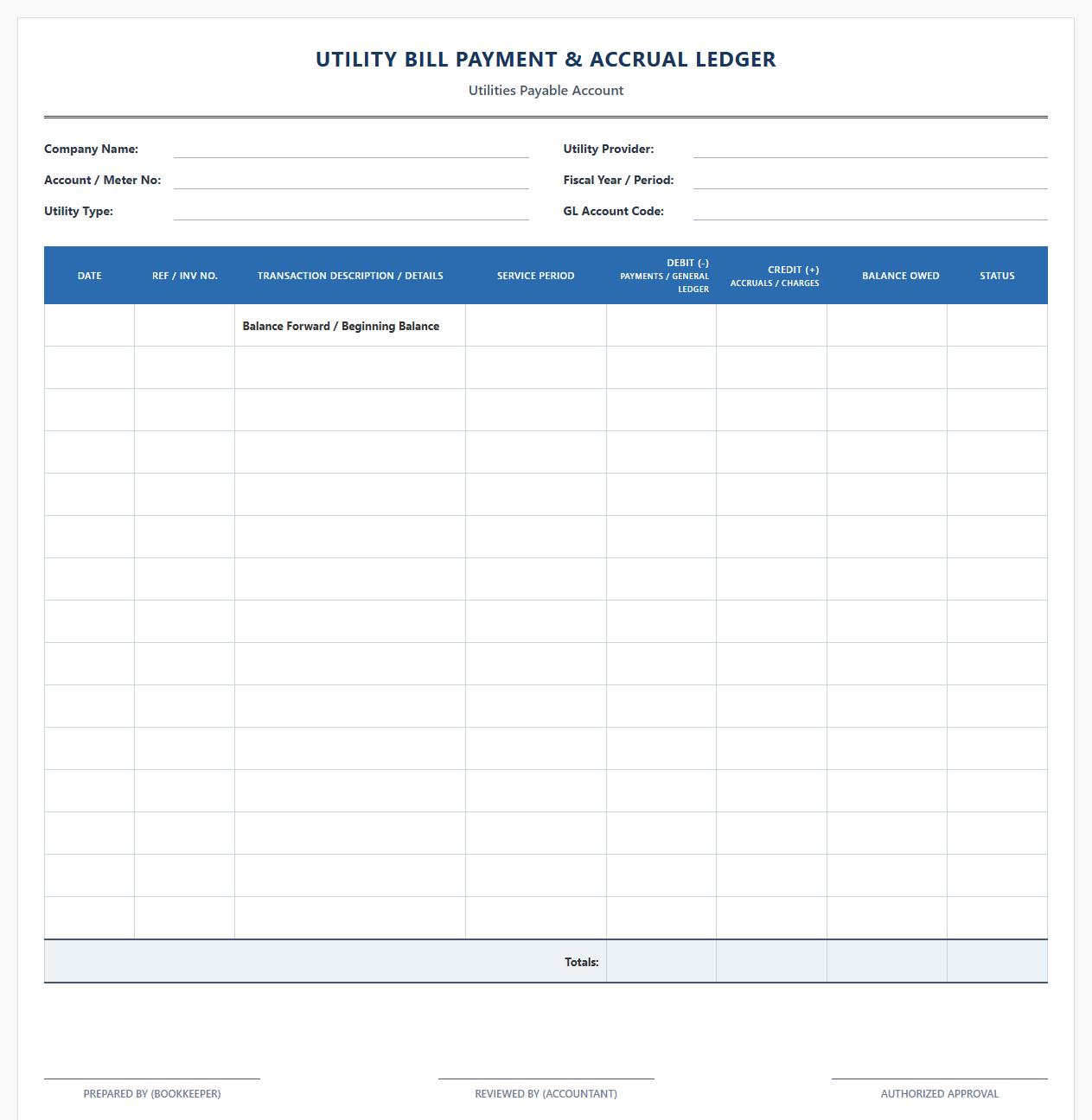 Utility Bill Payment and Accrual Ledger