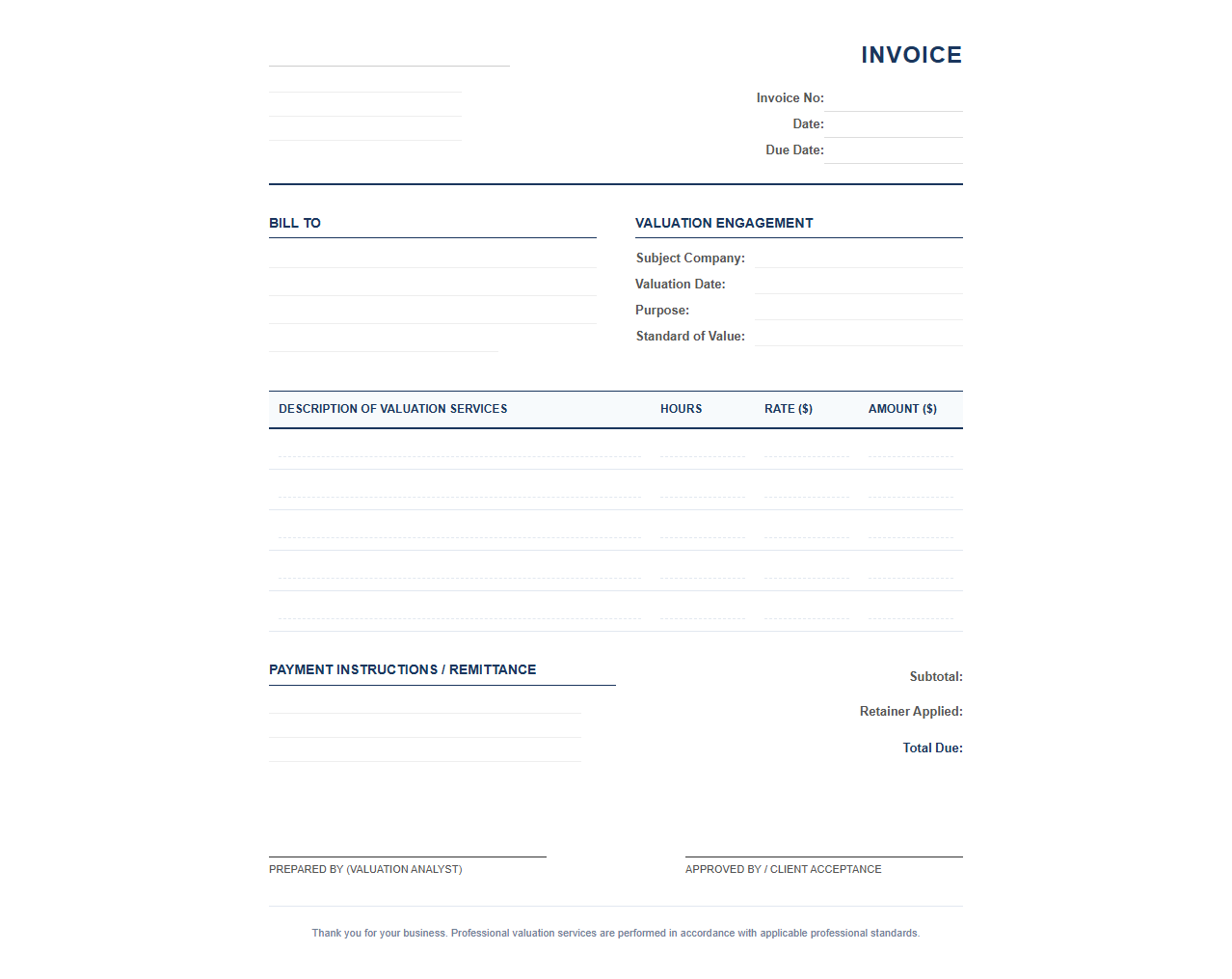 Valuation Services Billing Invoice