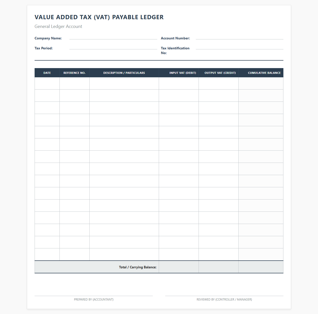 Value Added Tax Payable Ledger Template