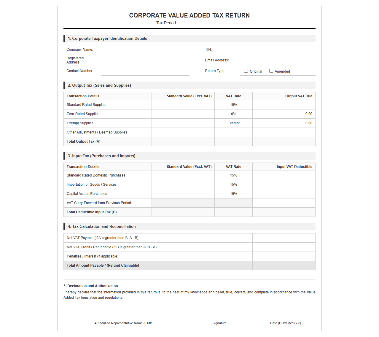 Value Added Tax Return Template for Corporates
