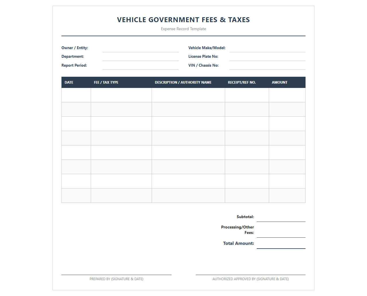 Vehicle Government Fees and Taxes Template