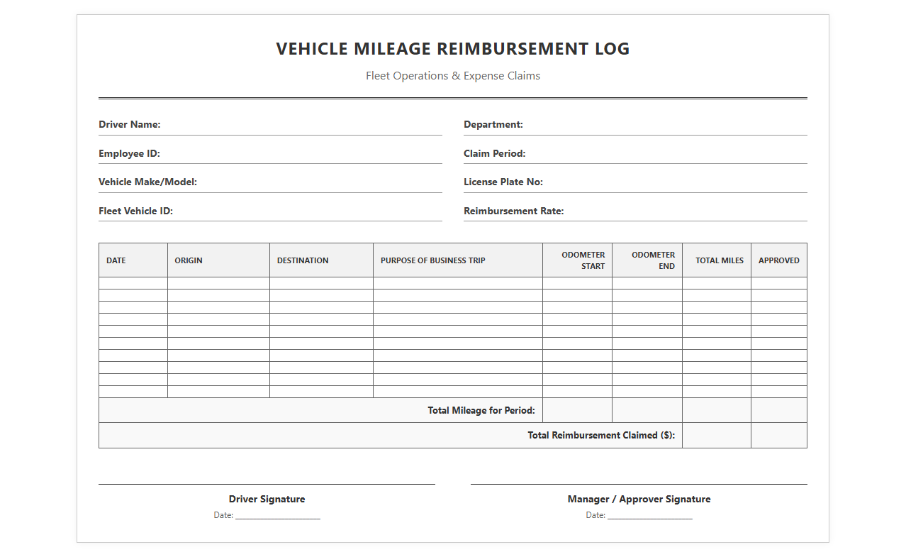 Vehicle Mileage Reimbursement Log for Fleets