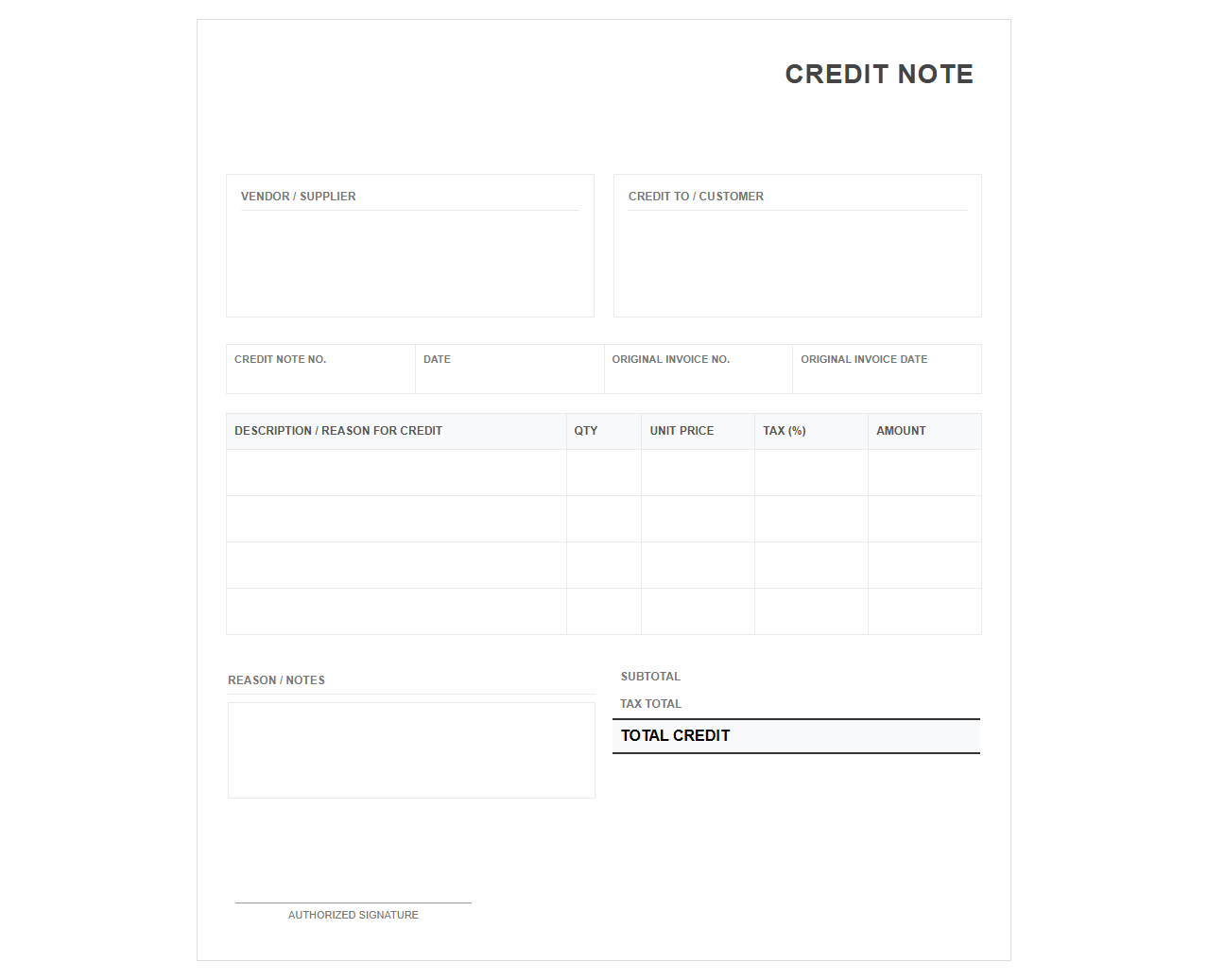 Vendor Credit Note Invoice Layout