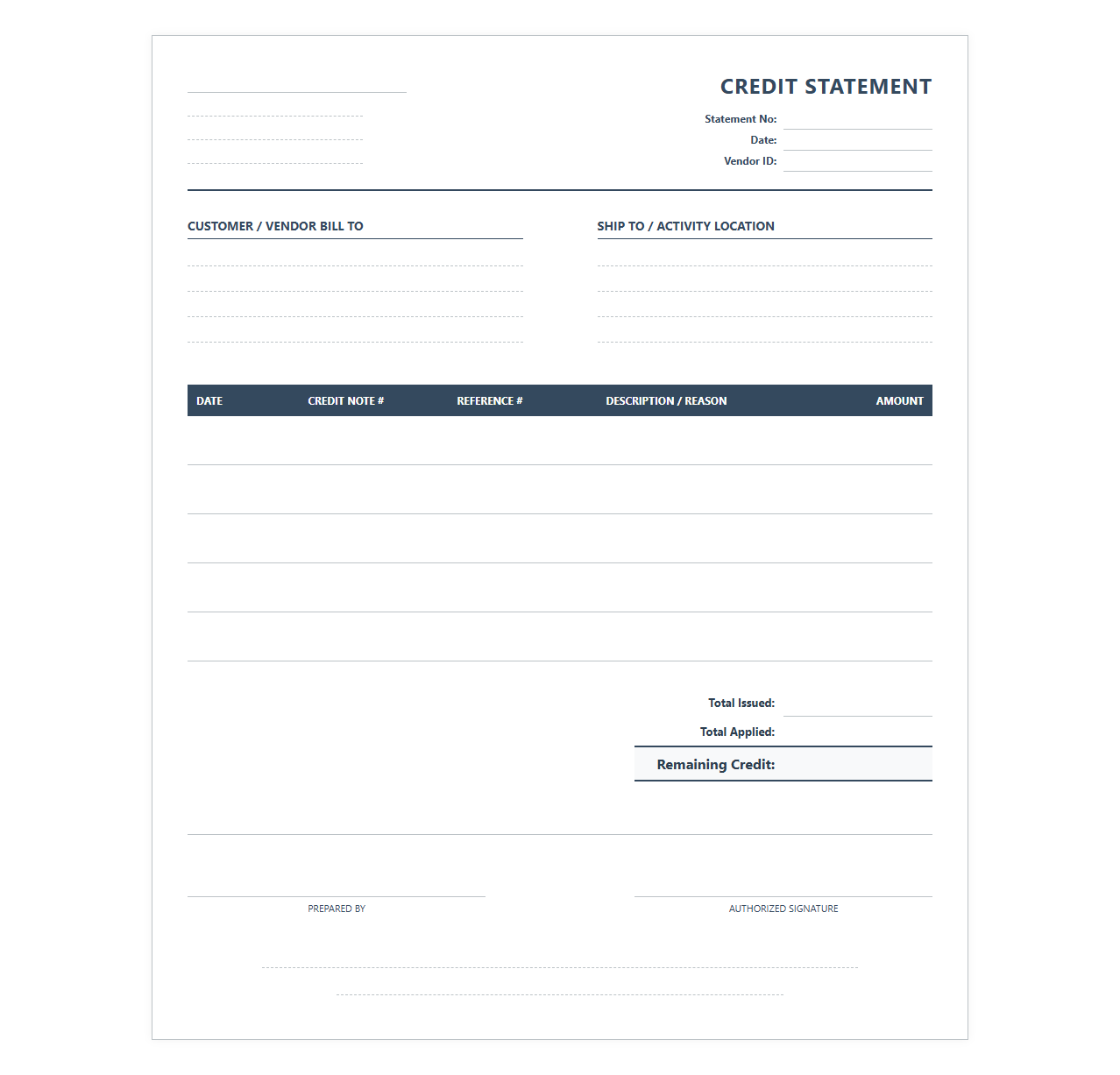 Vendor Credit Note Statement Layout