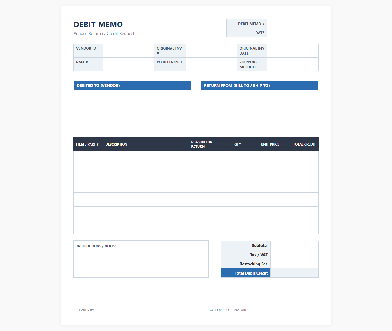 Vendor Return and Debit Memo Invoice Template