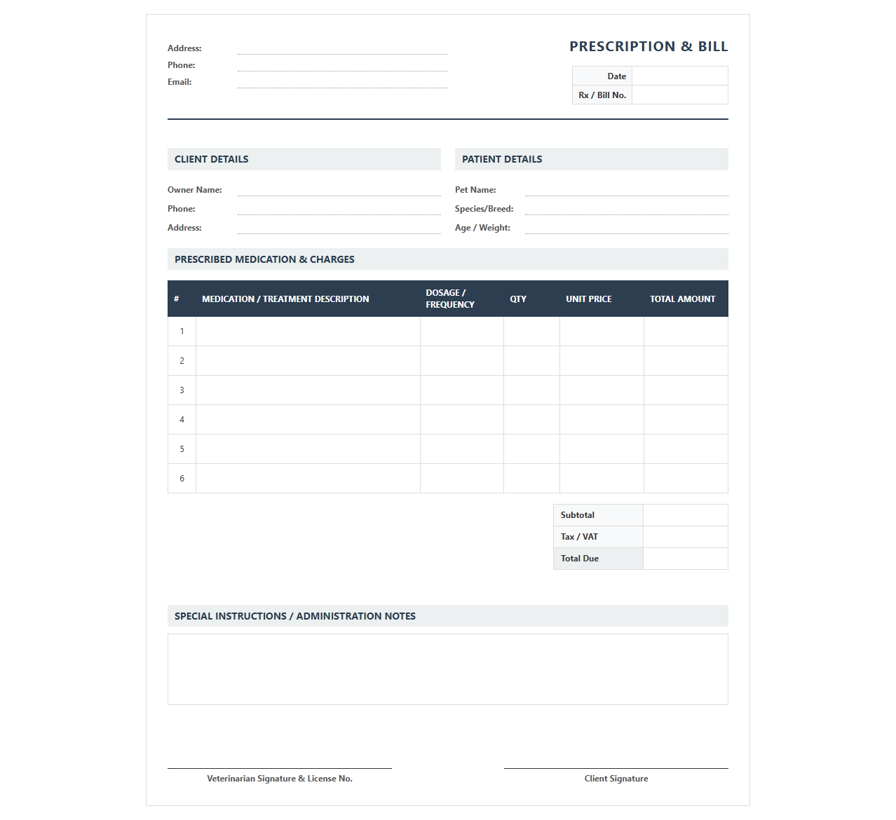 Veterinary Prescription and Medication Bill
