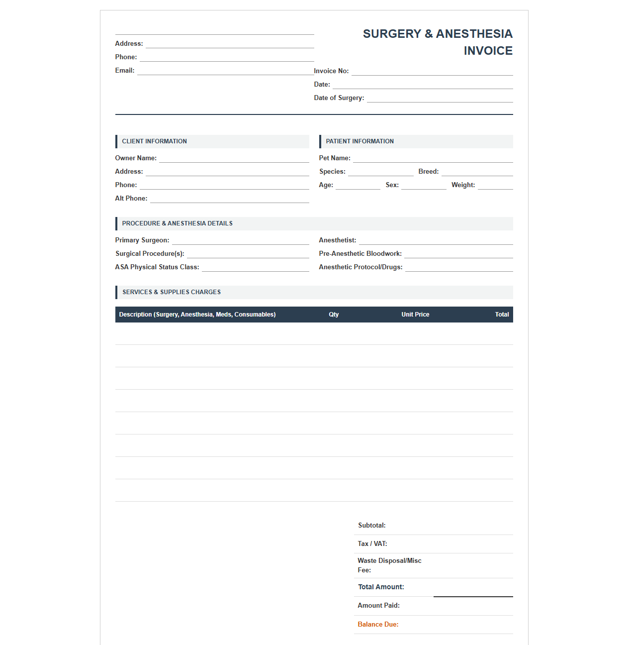 Veterinary Surgery and Anesthesia Invoice Form