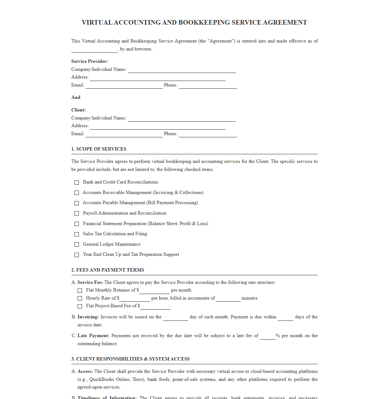 Virtual Accounting and Bookkeeping Service Agreement