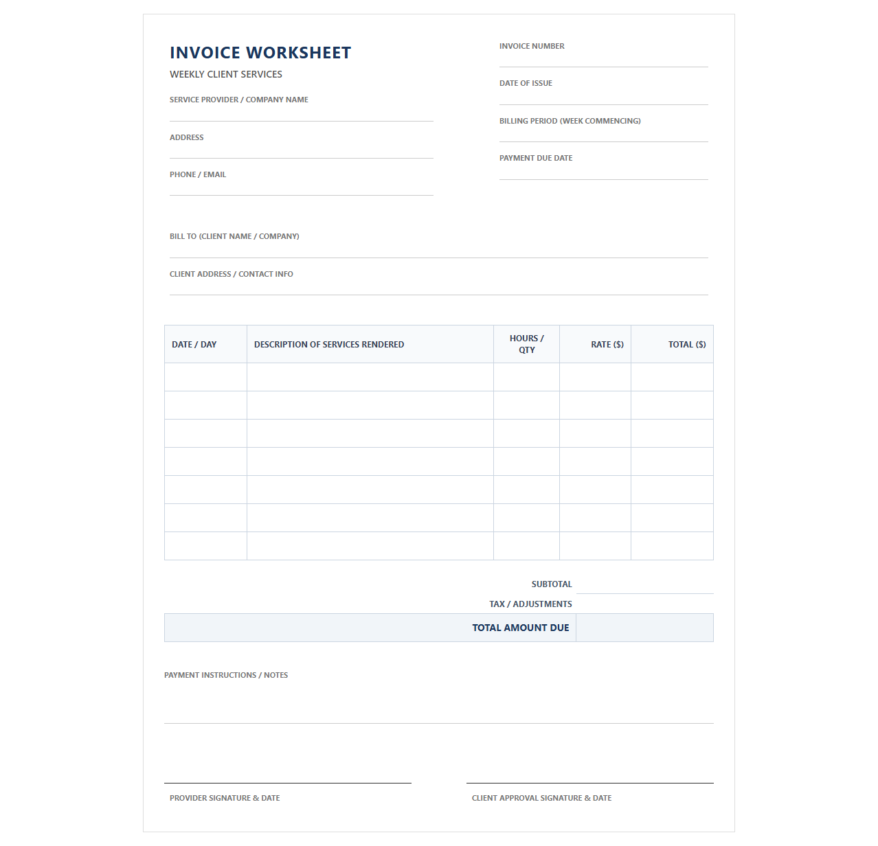Weekly Client Service Invoice Worksheet