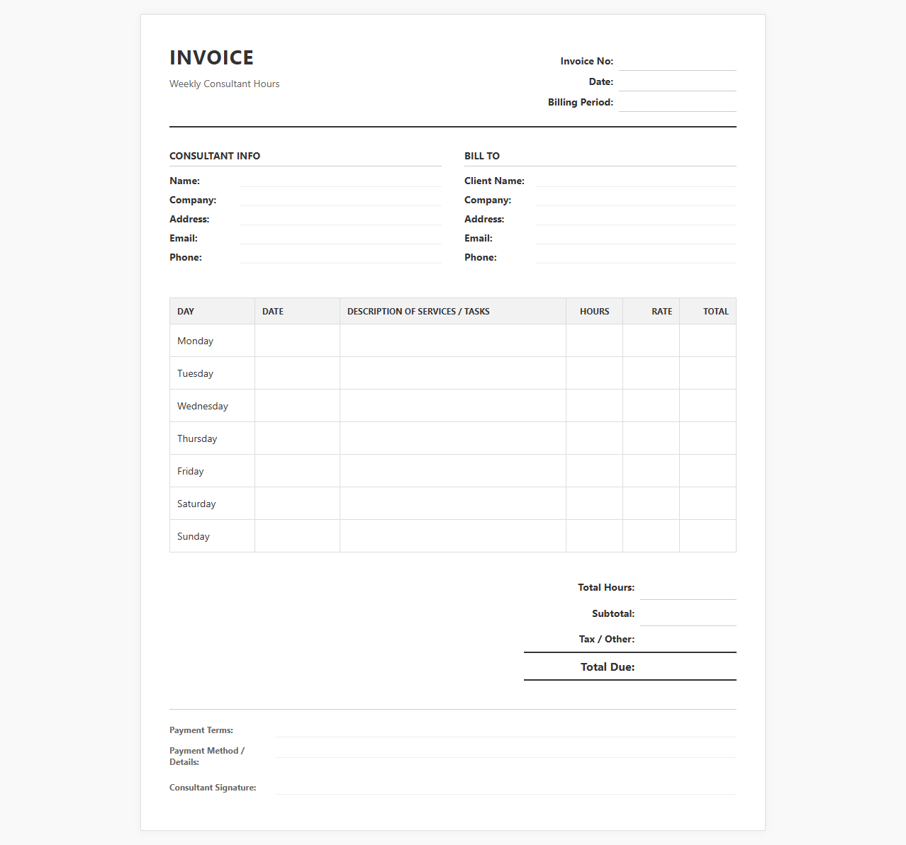 Weekly Consultant Hours Invoice Template