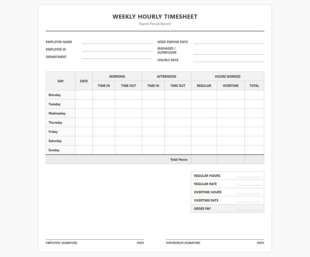 Weekly Hourly Payroll Timesheet Log