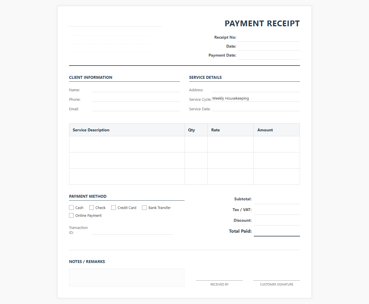Weekly Housekeeping Service Payment Receipt