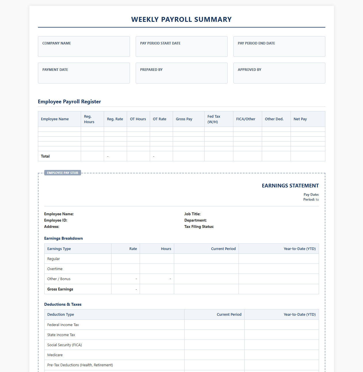 Weekly Payroll Summary and Pay Stub Template