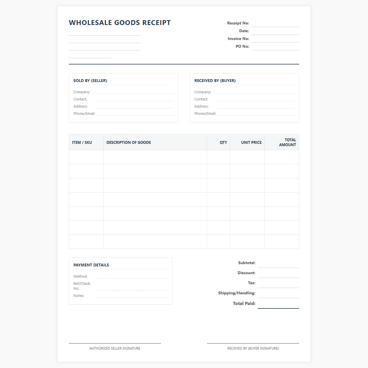 Wholesale Goods Payment Receipt Template