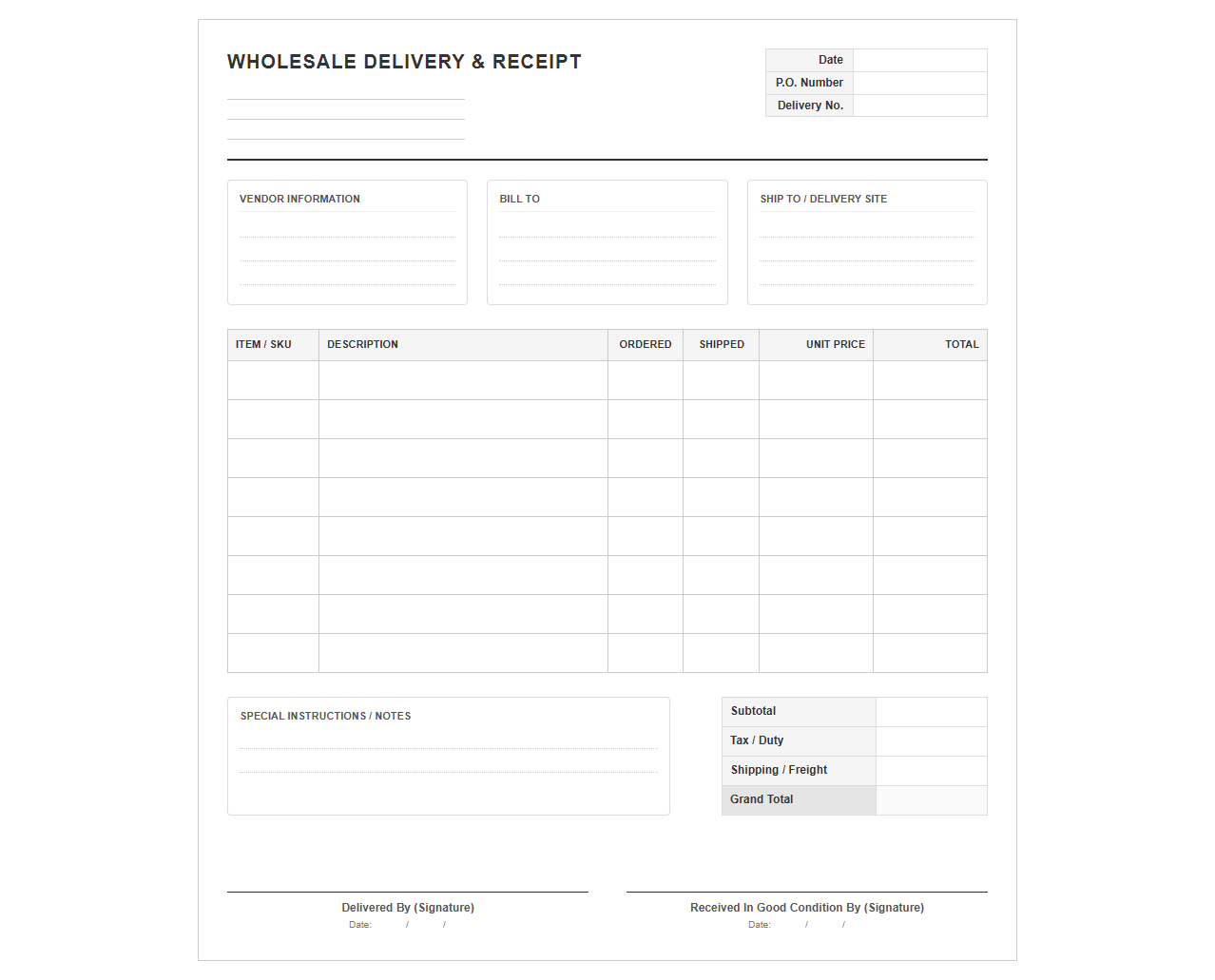 Wholesale Purchase Order Delivery and Receipt Form