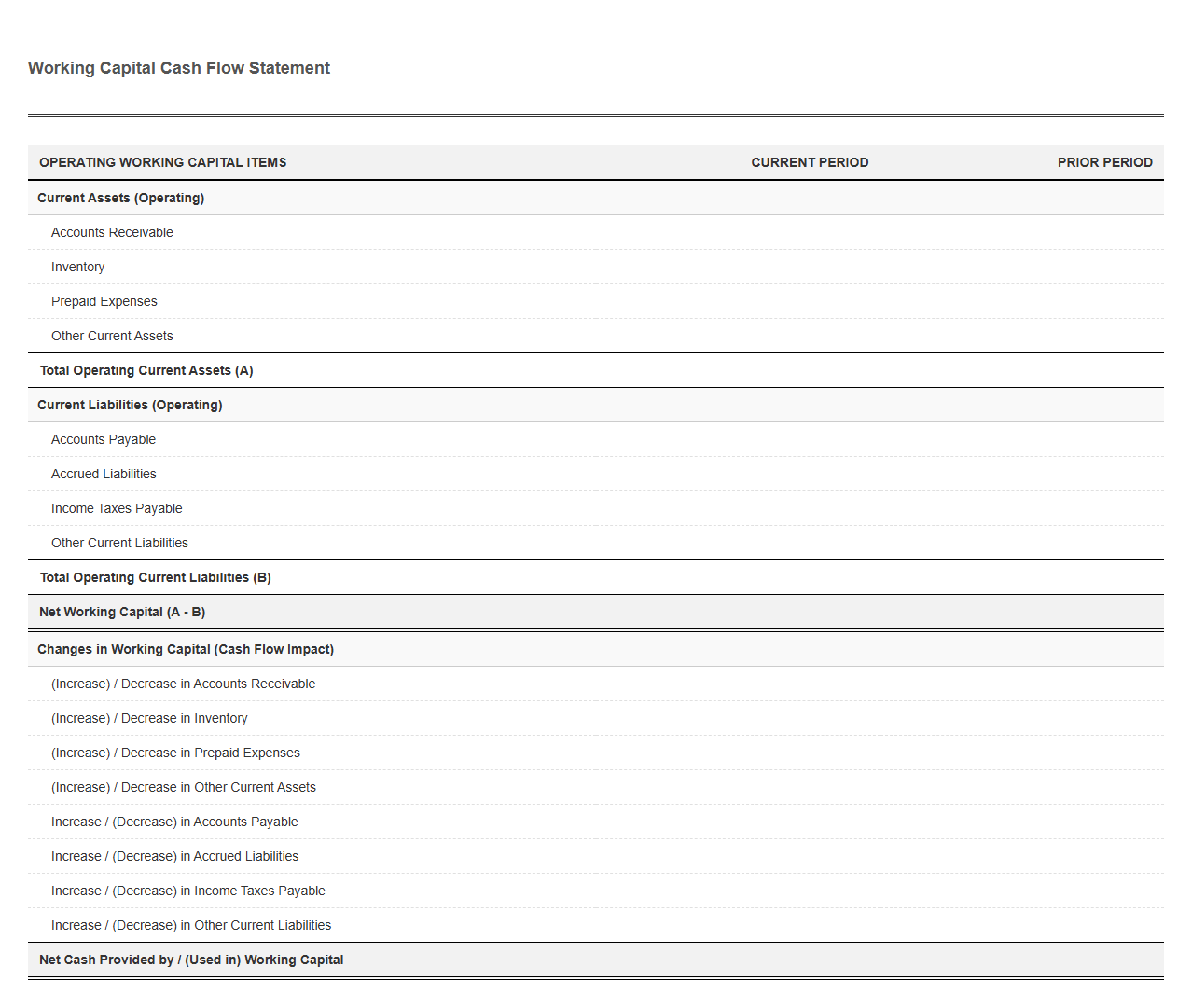 Working Capital Cash Flow Statement Template