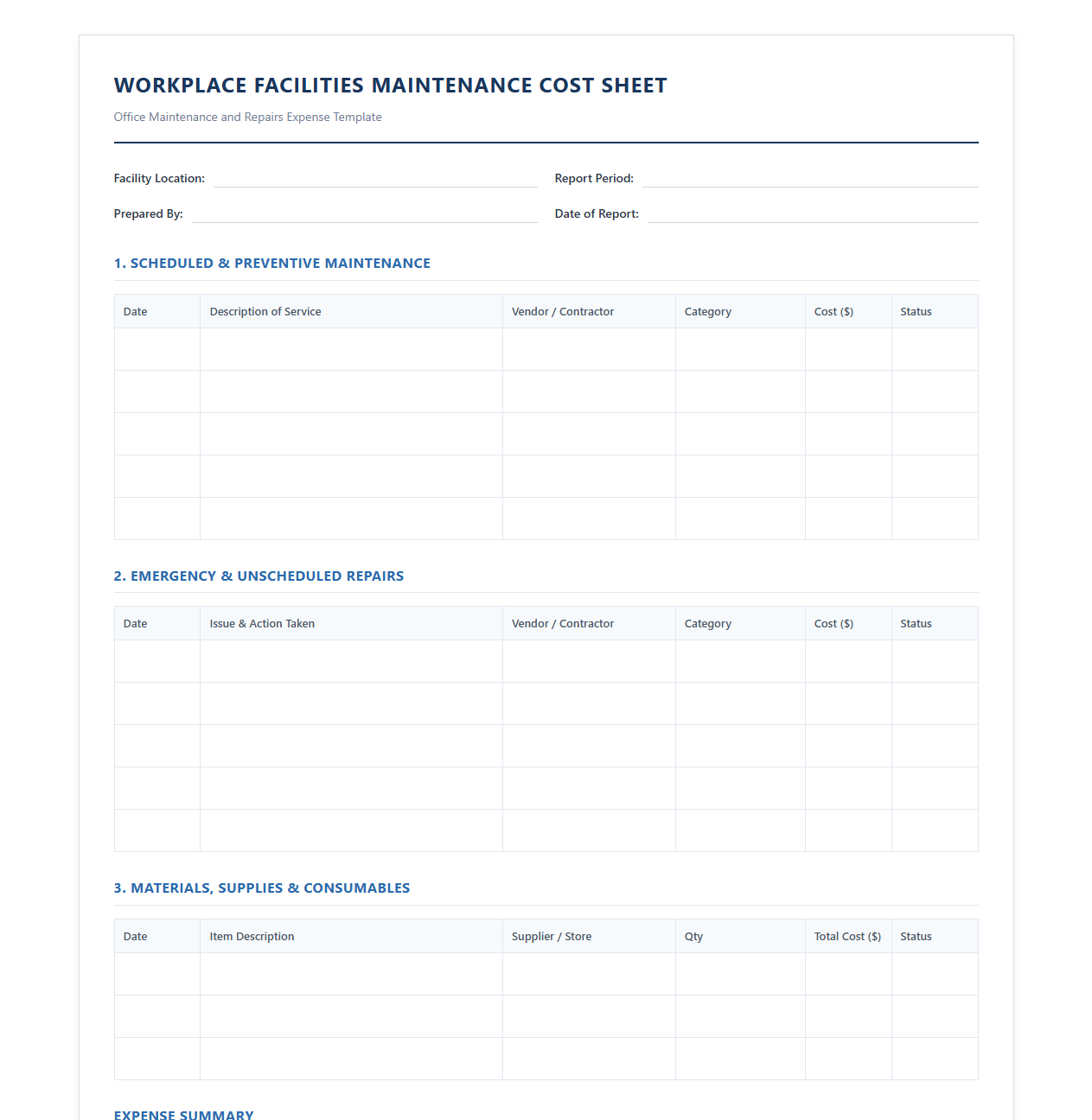 Workplace Facilities Maintenance Cost Sheet