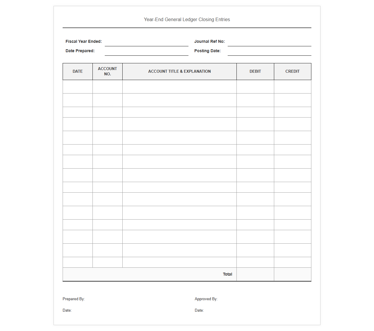 Year-End General Ledger Closing Entry Template