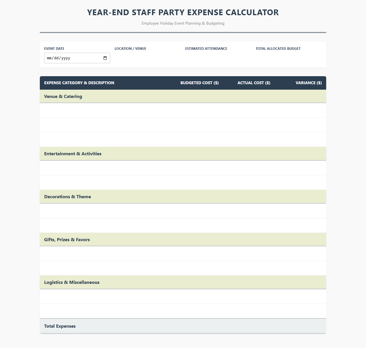 Year-End Staff Party Expense Calculator