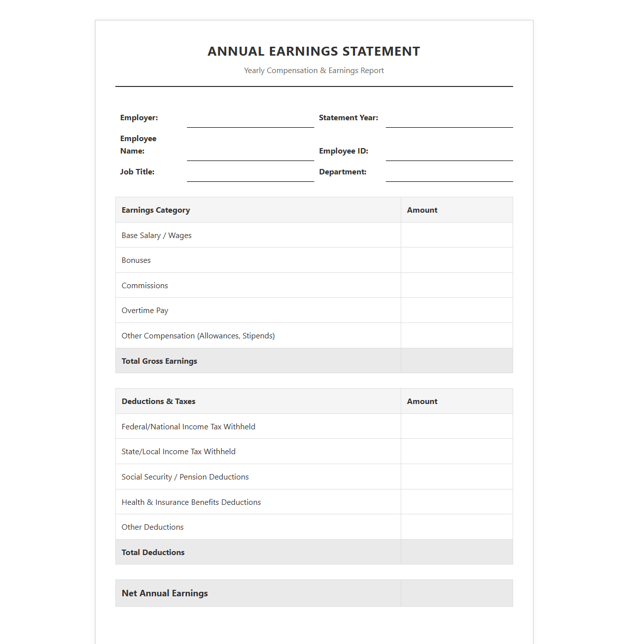 Yearly Compensation and Earnings Template