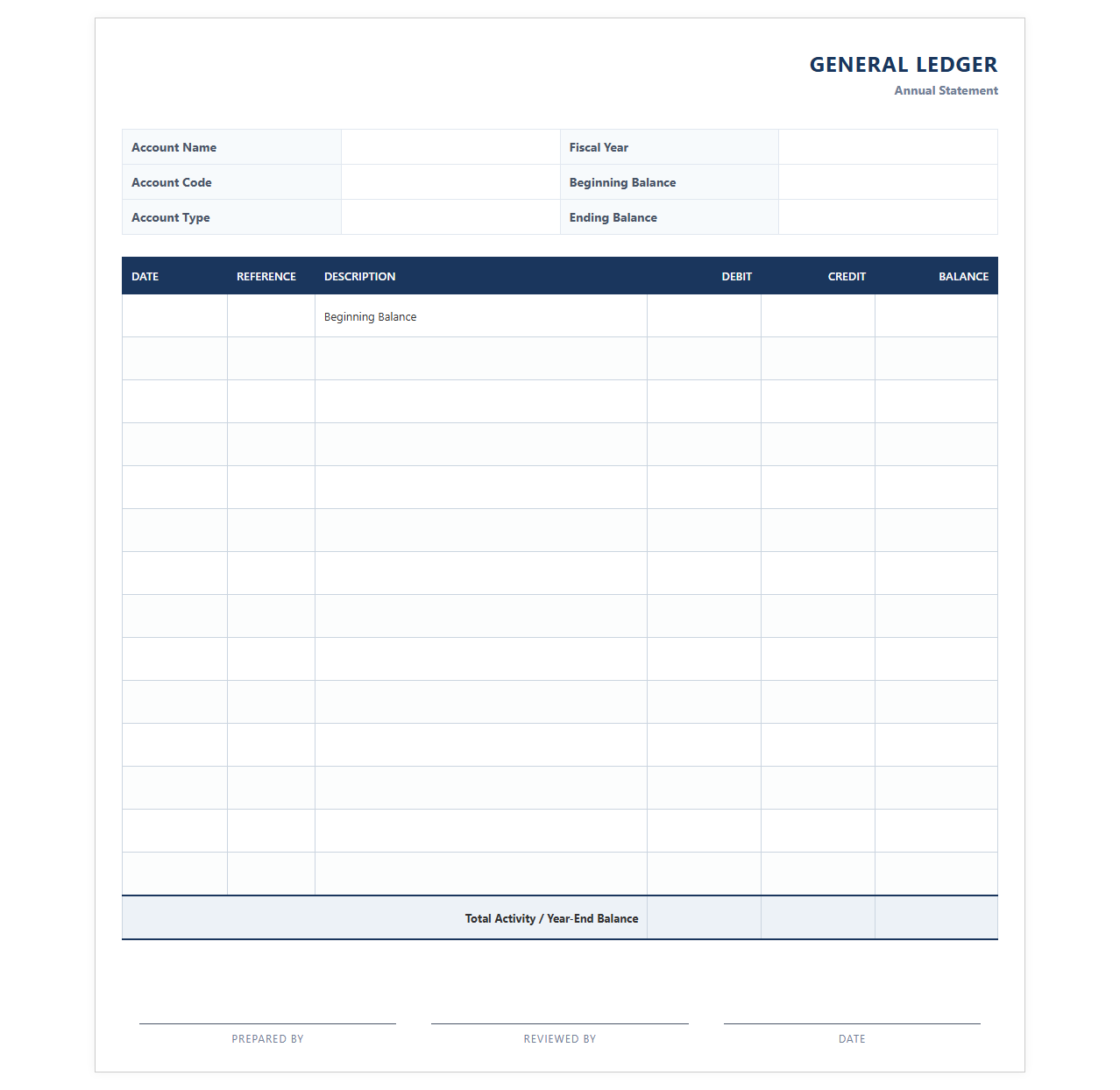 Yearly General Ledger Account Statement