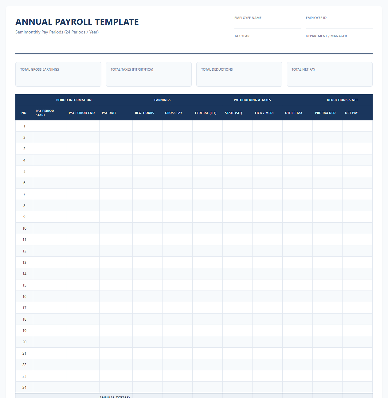 24 Pay Periods Annual Payroll Template