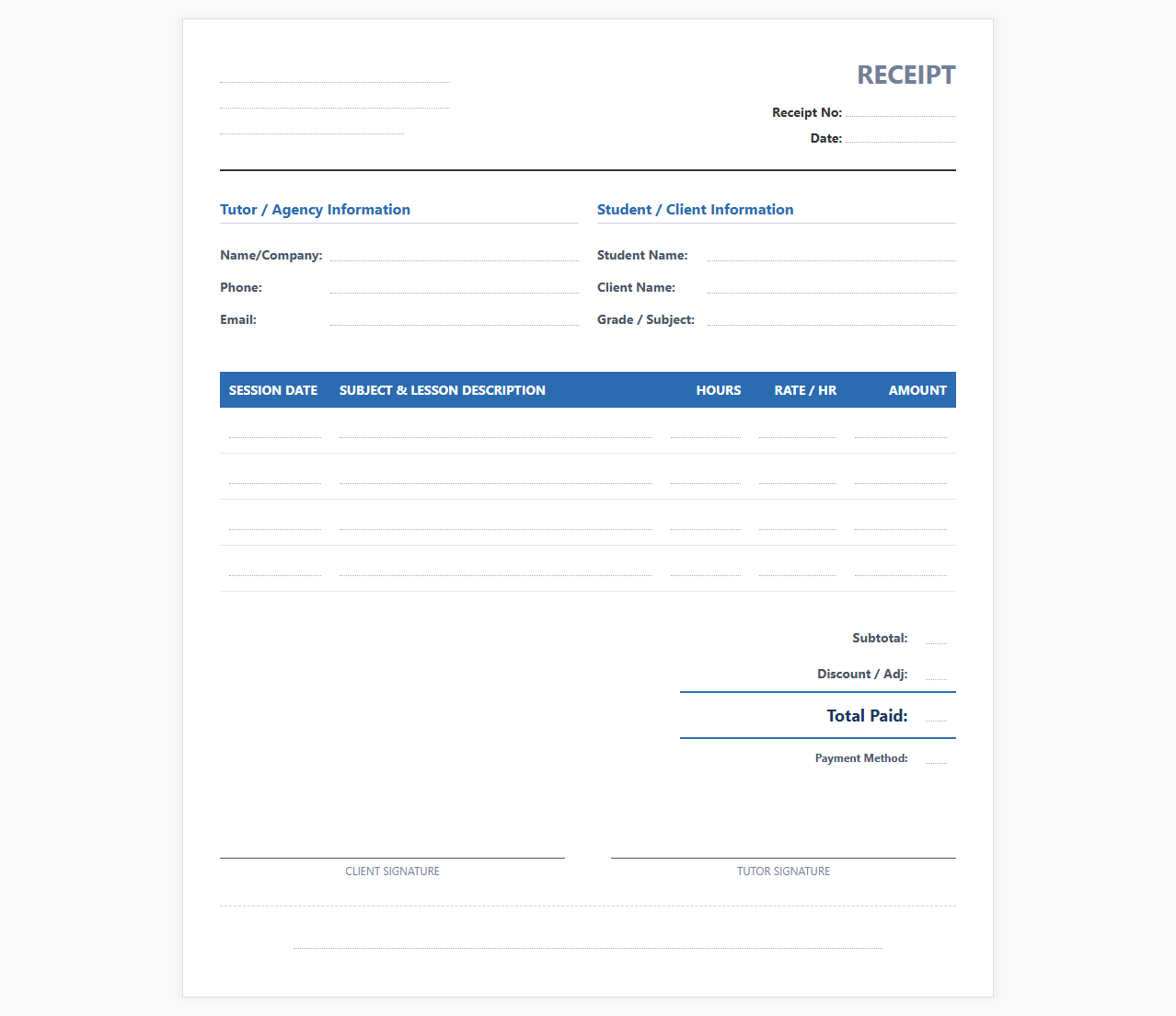 Academic Tutoring Session Payment Receipt