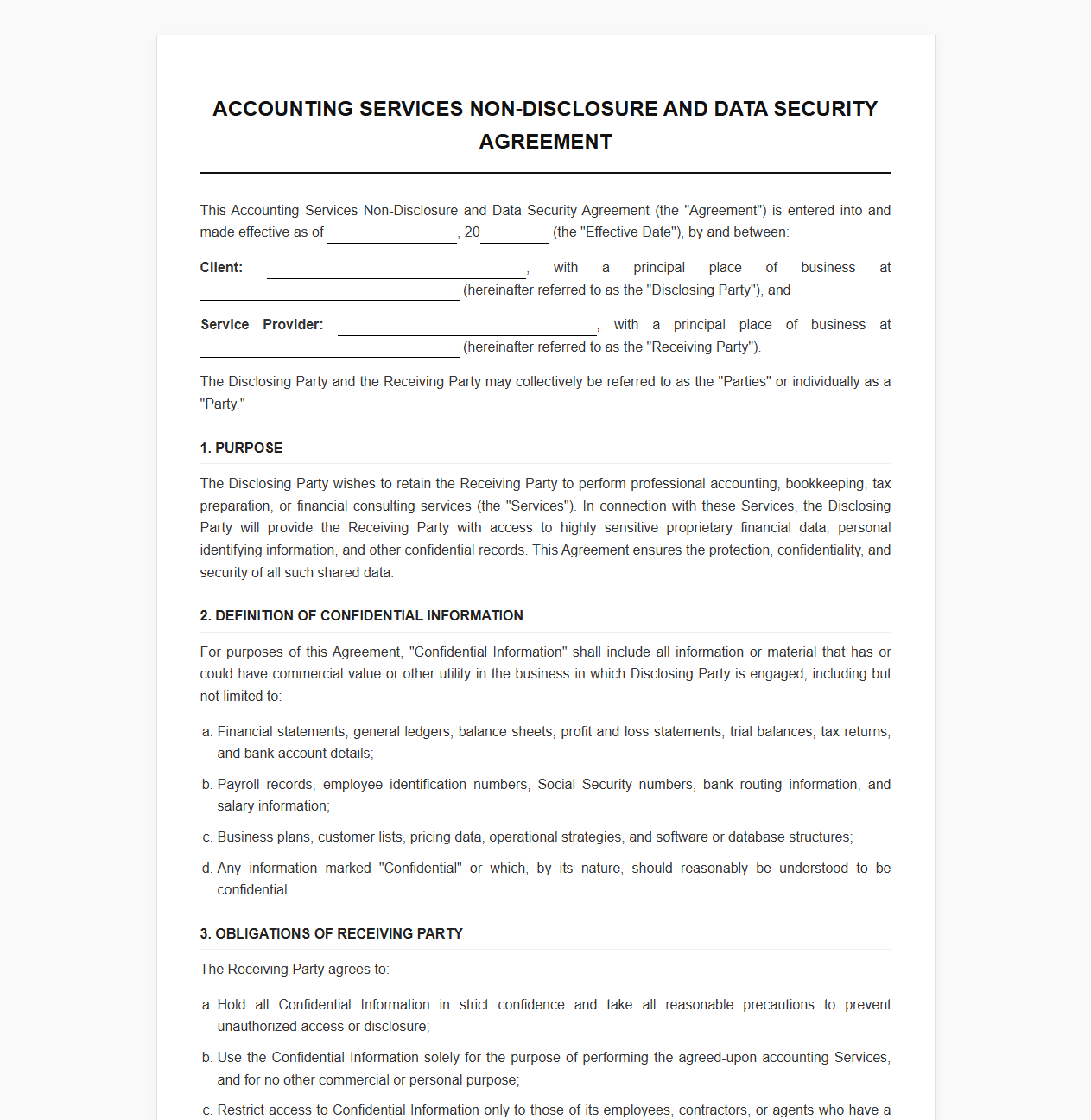 Accounting Services Non-Disclosure and Data Security Agreement