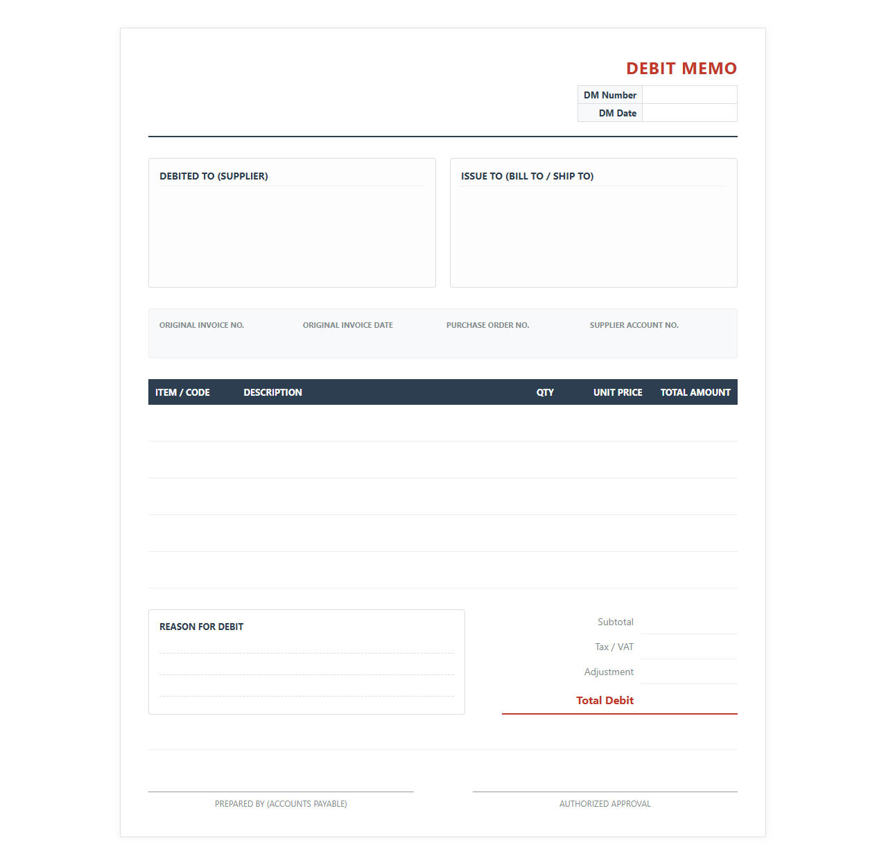 Accounts Payable Supplier Debit Memo Invoice