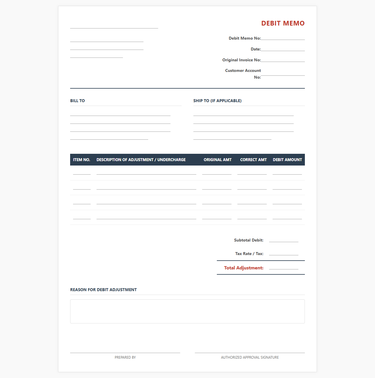 Accounts Receivable Debit Adjustment Invoice Template