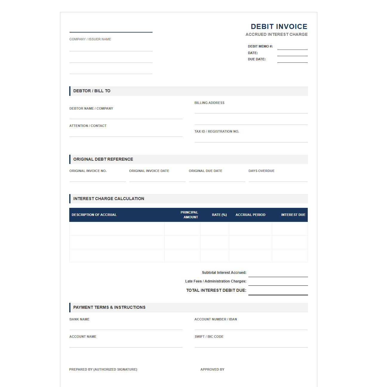 Accrued Interest Debit Invoice Form