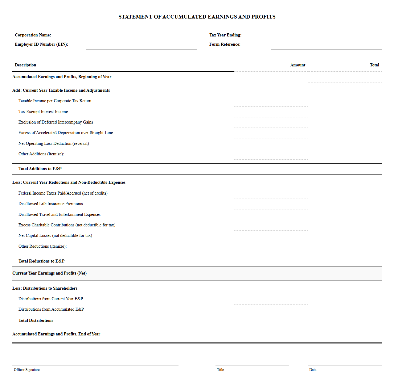 Accumulated Earnings and Profits Statement Template
