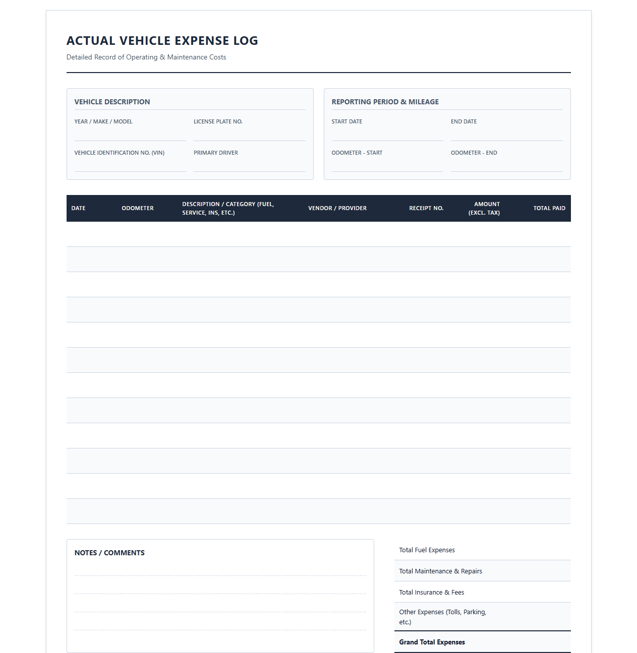 Actual Vehicle Expense Log Template