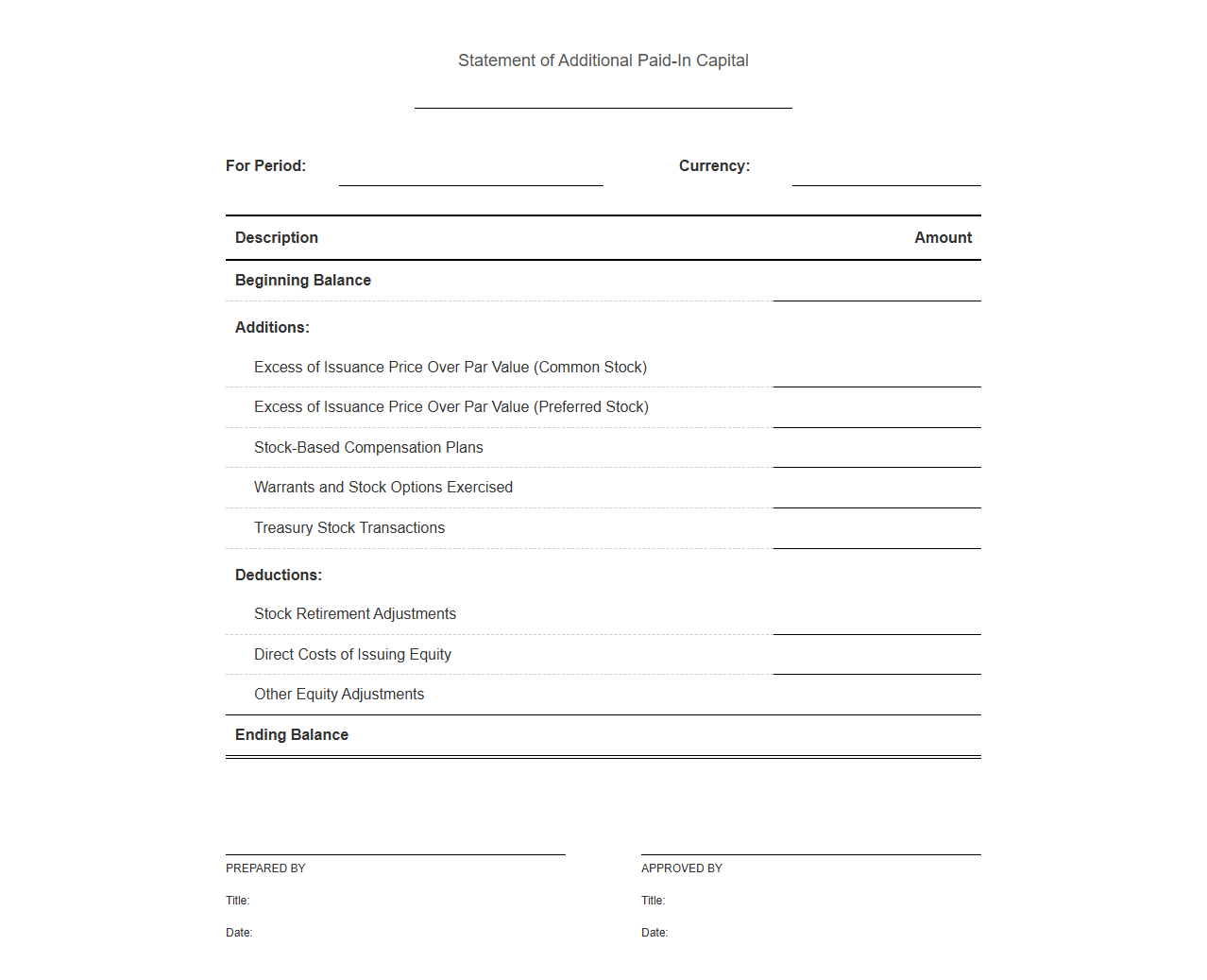 Additional Paid-In Capital Statement Template