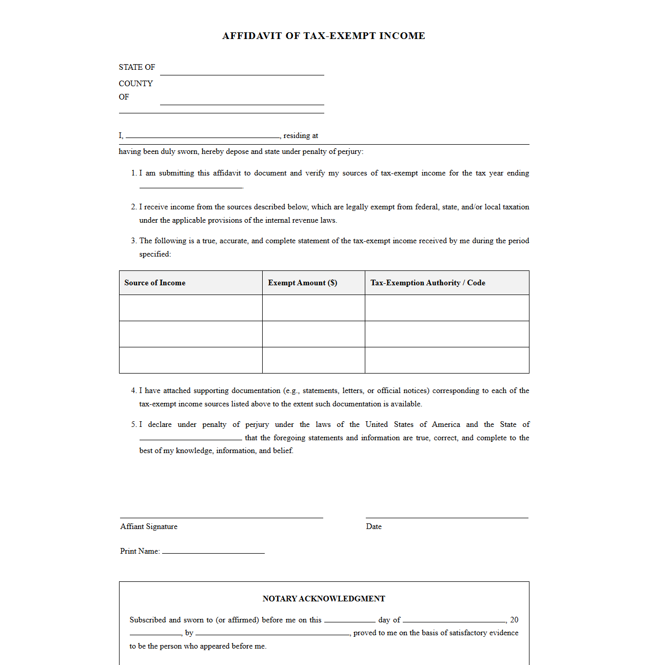 Affidavit of Tax-Exempt Income